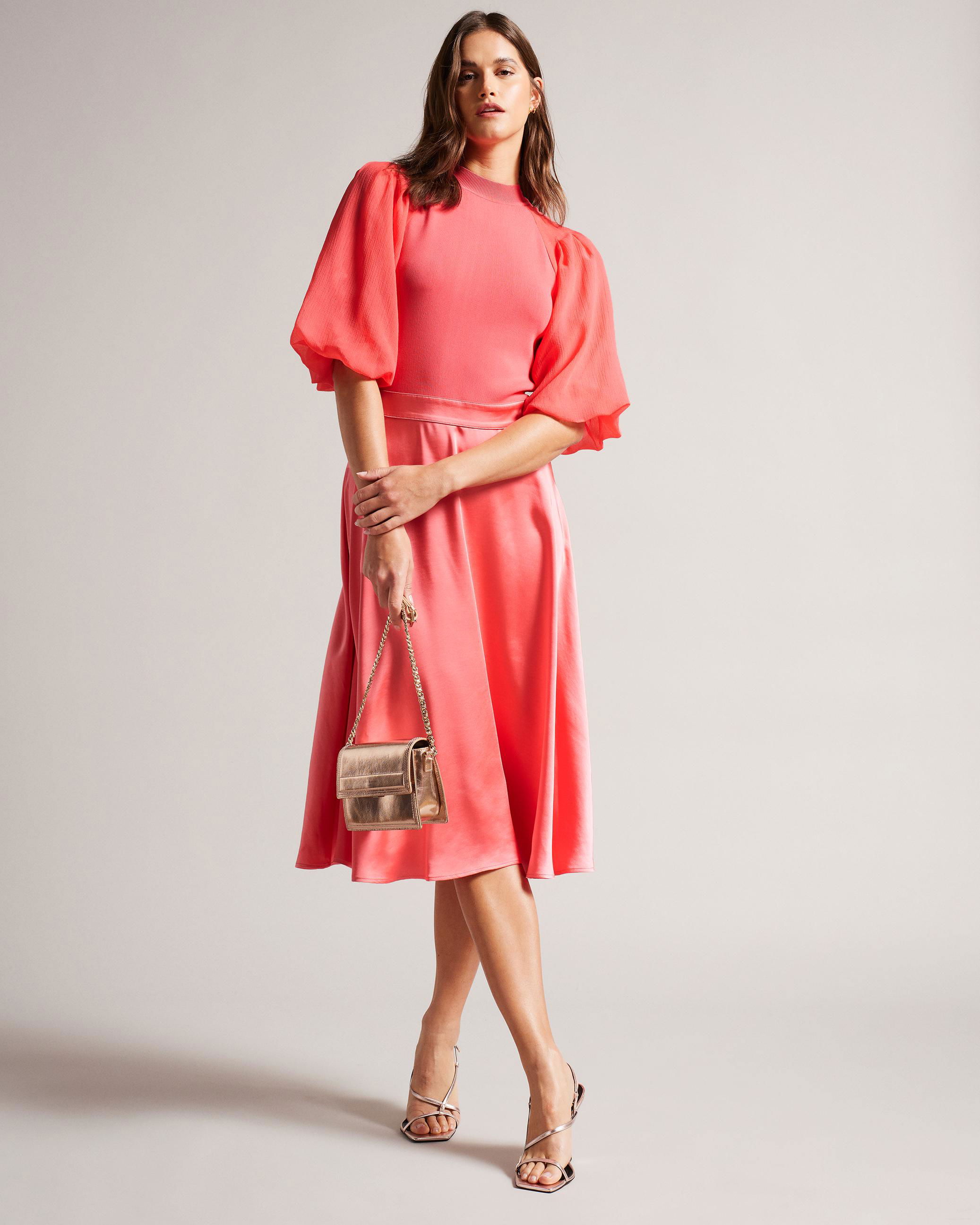 Puff Sleeve Fitted Bodice Midi Dress - BRONTEI - Coral by TED BAKER