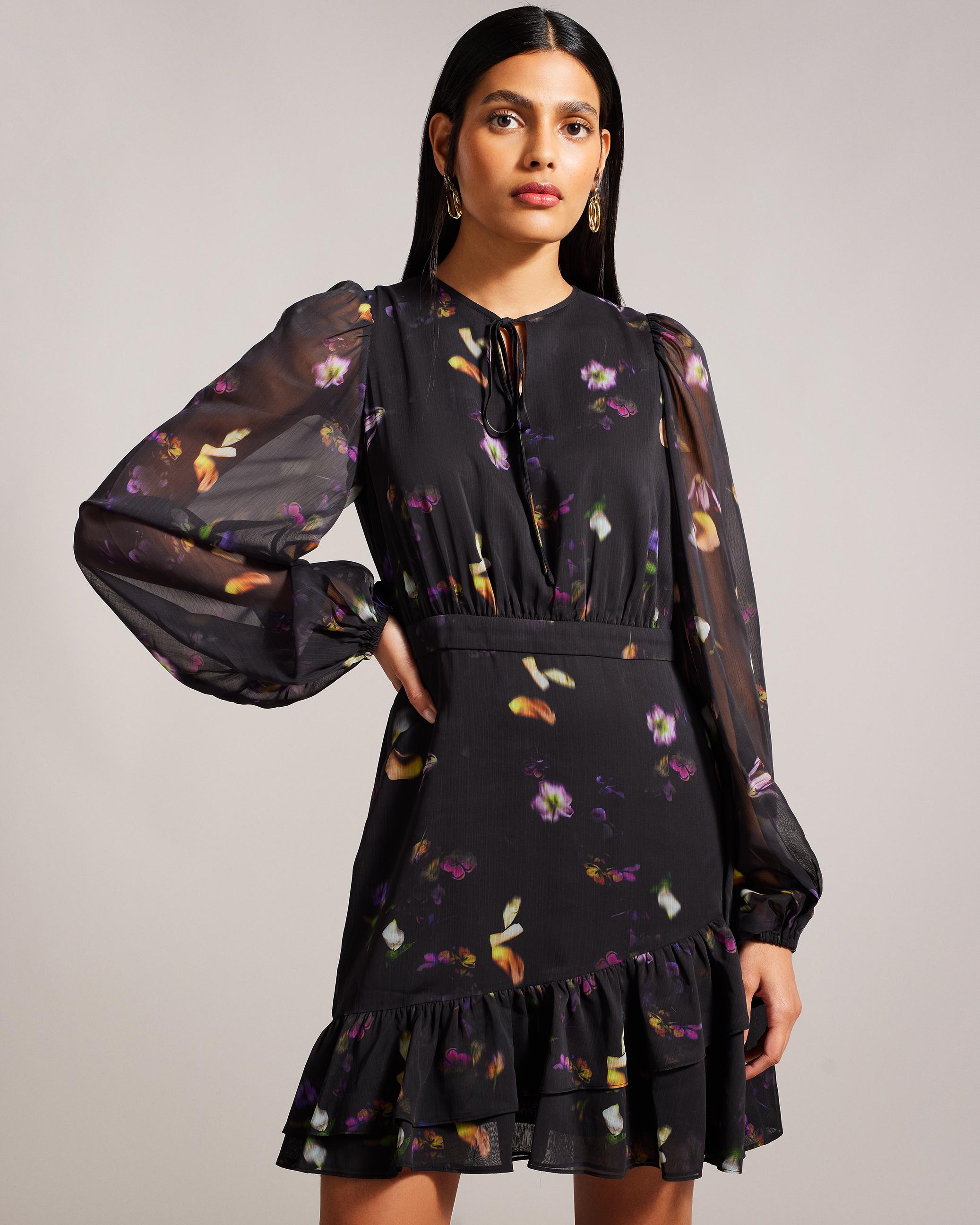 Scattered Floral Ruffled Mini Dress - NIKAII - Black by TED BAKER Scattered Floral Ruffled Mini Dress - NIKAII - Black by TED BAKER