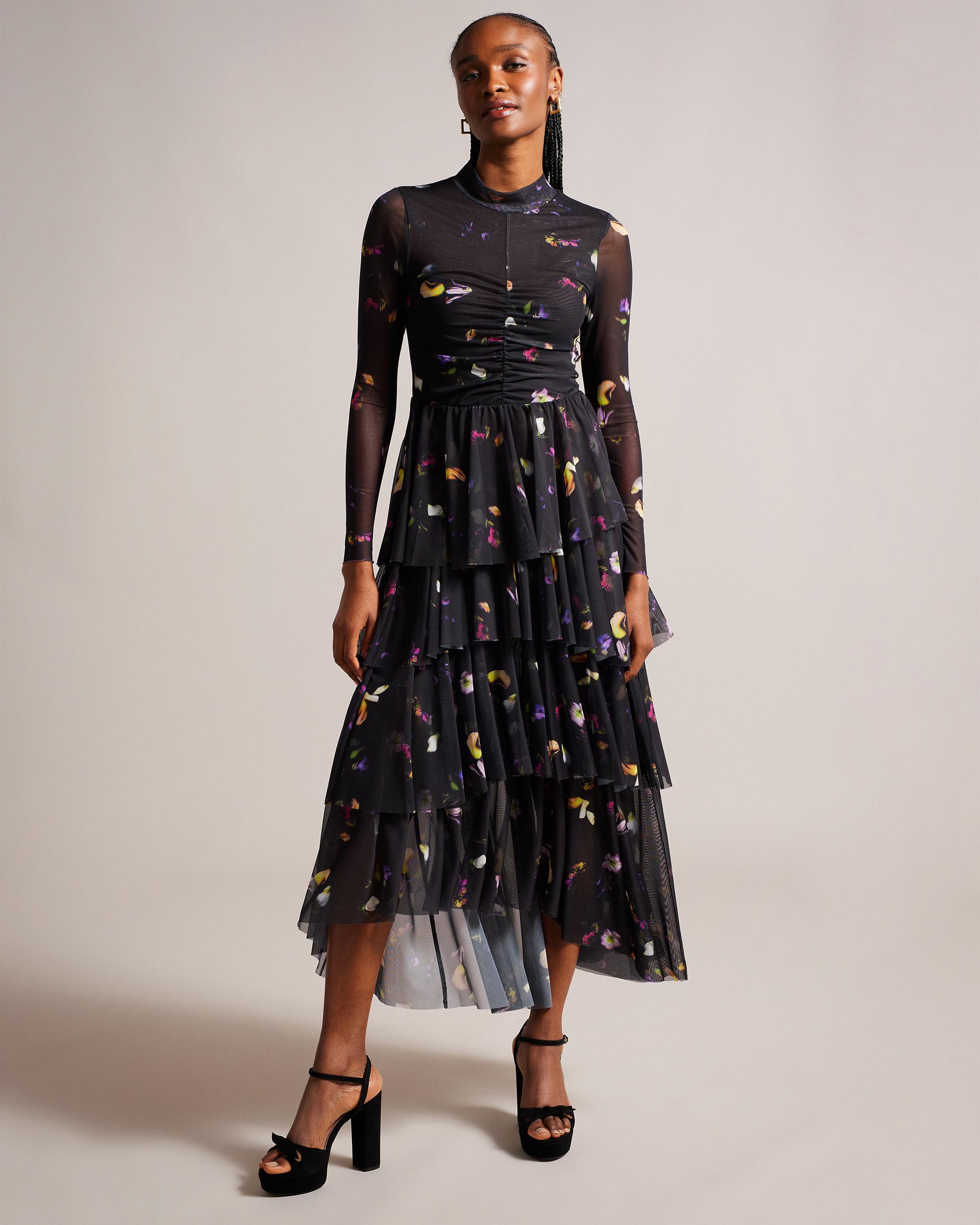 Scattered Floral Tiered Midaxi Dress - MIRANDE - Black by TED BAKER
