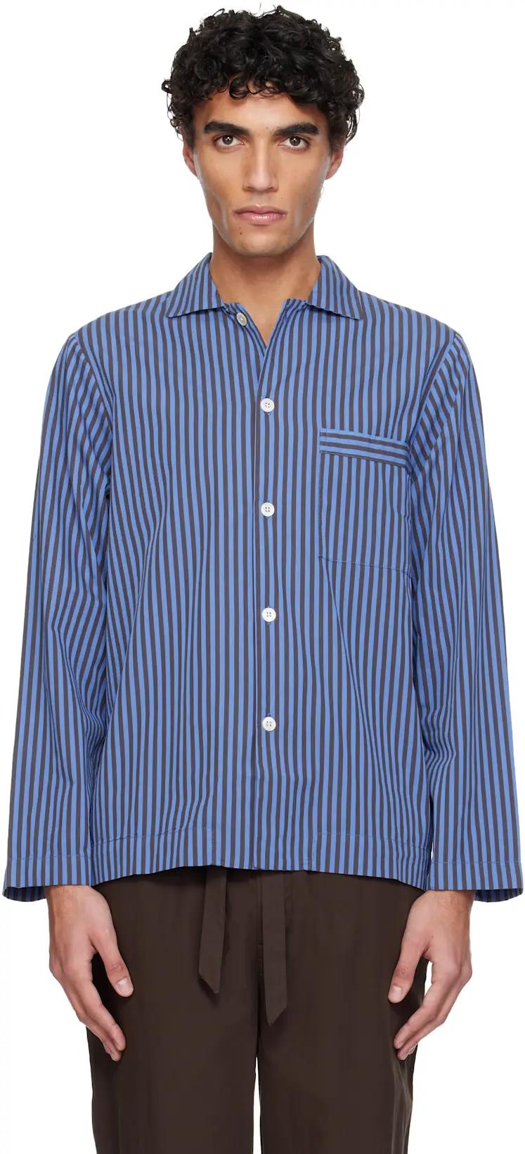 Blue Poplin Long-Sleeved Pyjama Shirt by TEKLA