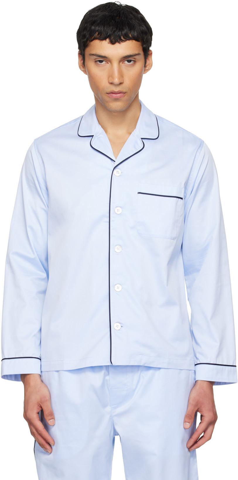 Blue Sateen Long-Sleeved Pyjama Shirt by TEKLA