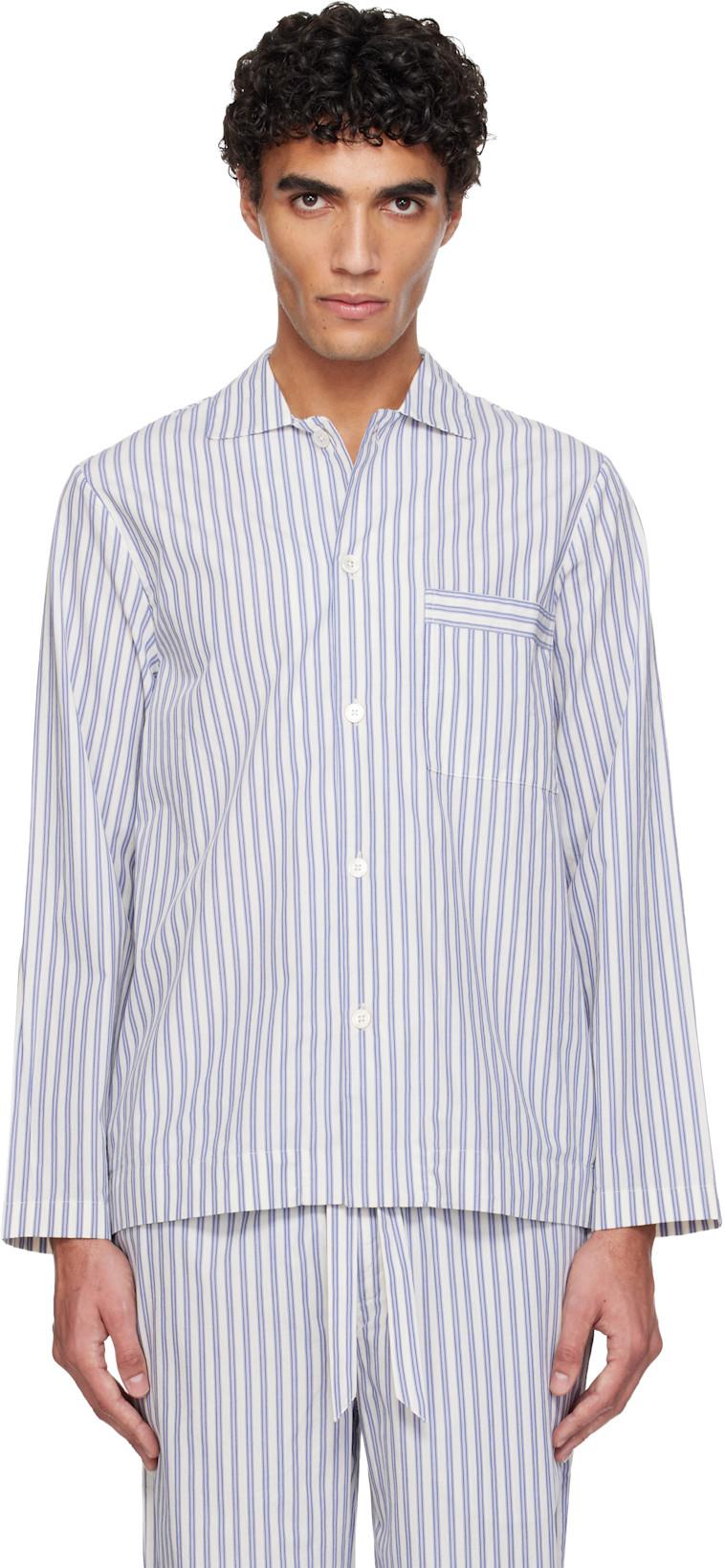 Blue & White Poplin Long-Sleeved Pyjama Shirt by TEKLA