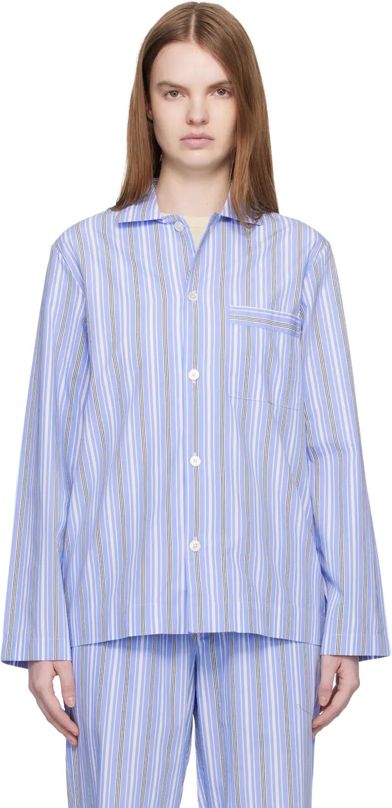 Blue & White Poplin Long-Sleeved Pyjama Shirt by TEKLA