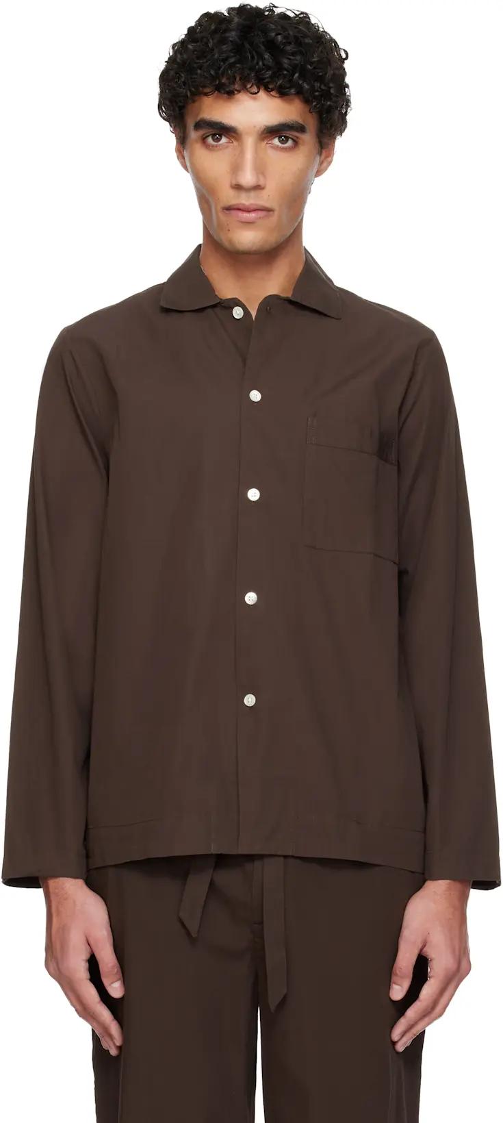 Brown Poplin Long-Sleeved Pyjama Shirt by TEKLA