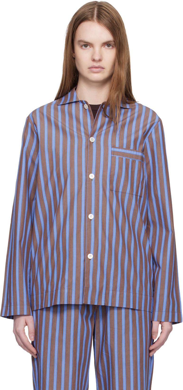Brown & Blue Poplin Long-Sleeved Pyjama Shirt by TEKLA