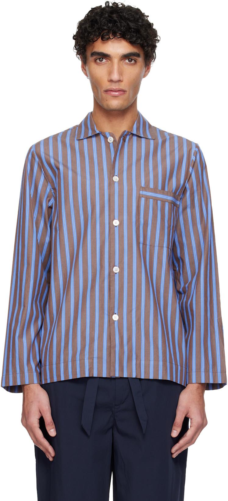 Brown & Blue Poplin Long-Sleeved Pyjama Shirt by TEKLA