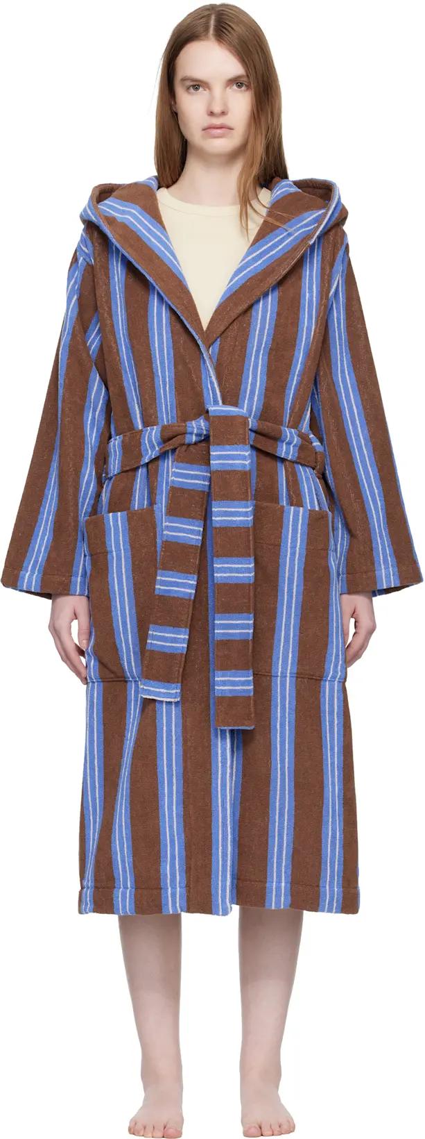 Brown & Blue Terry Hooded Bathrobe by TEKLA