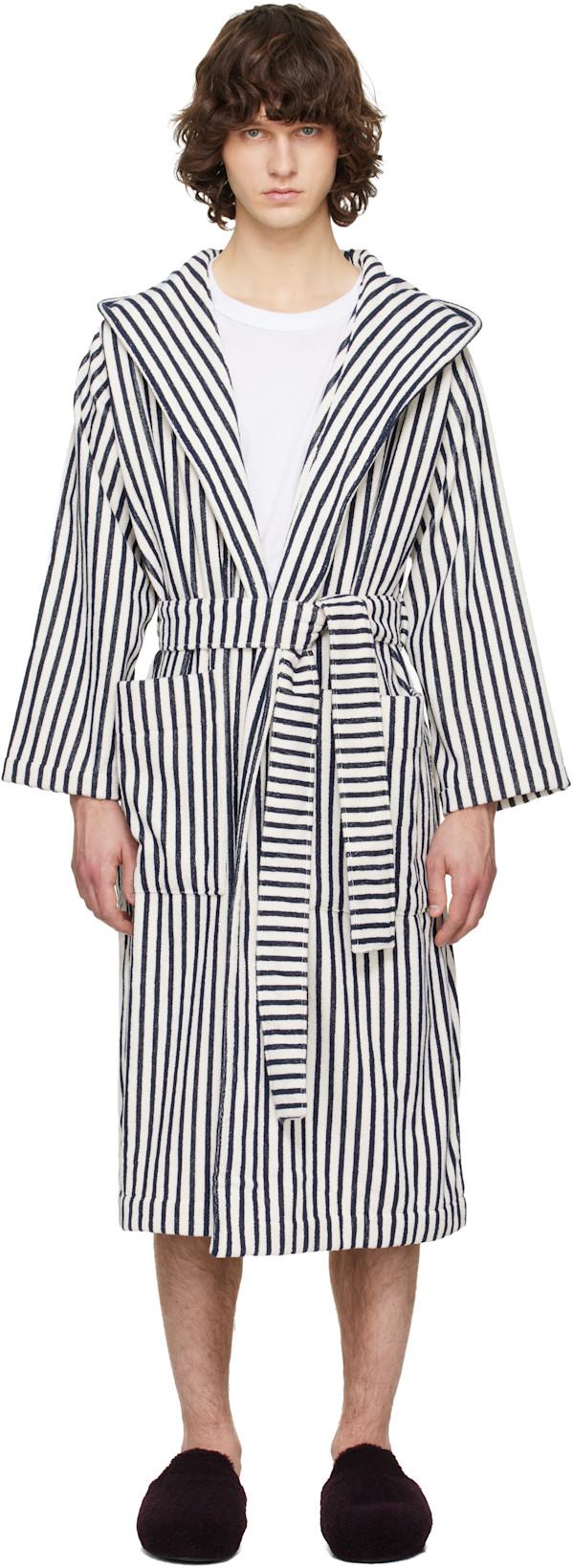 Off-White & Navy Terry Hooded Bathrobe by TEKLA