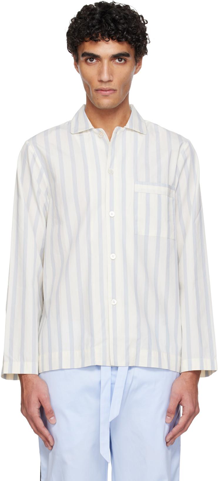 White & Blue Poplin Long-Sleeved Pyjama Shirt by TEKLA