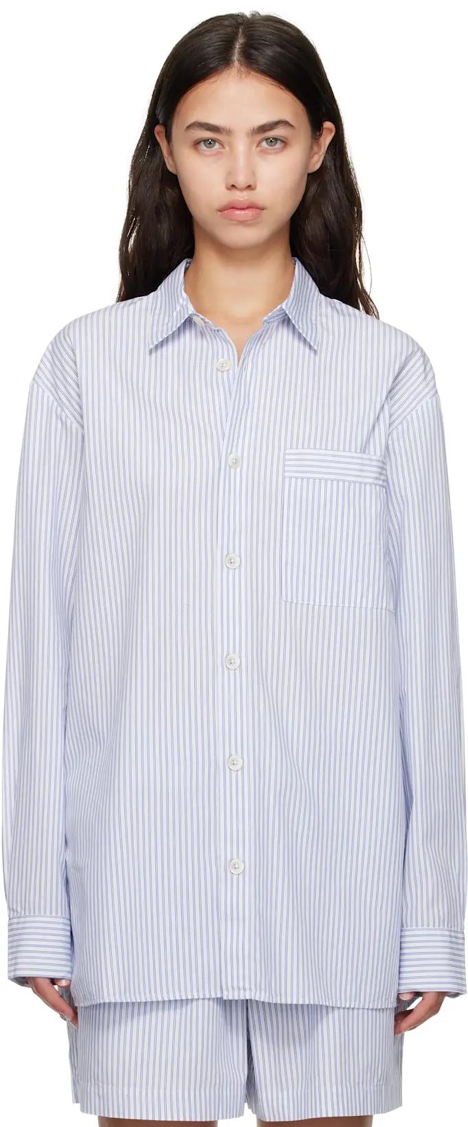 White & Blue Poplin Long-Sleeved Pyjama Shirt by TEKLA