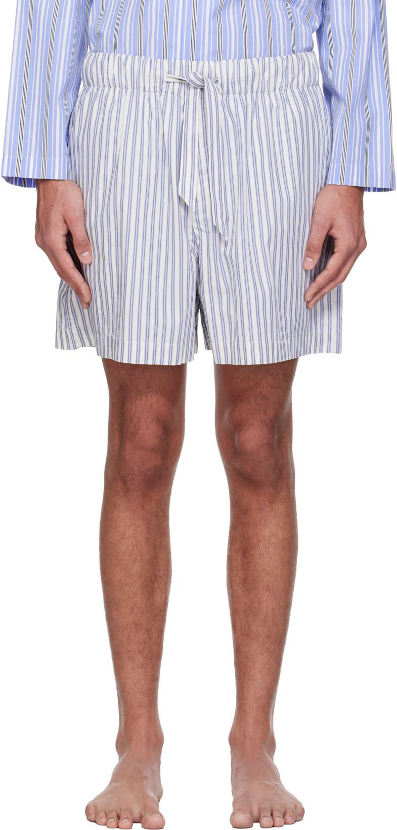 White & Blue Poplin Pyjama Shorts by TEKLA