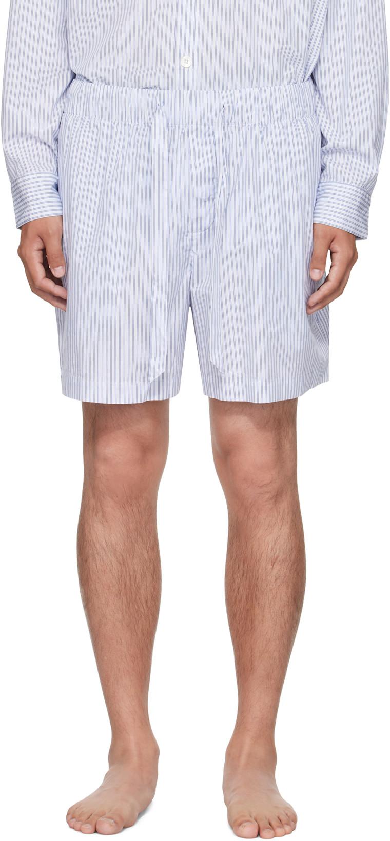 White & Blue Poplin Pyjama Shorts by TEKLA