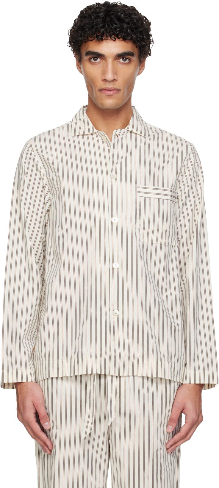 White & Brown Poplin Long-Sleeved Pyjama Shirt by TEKLA