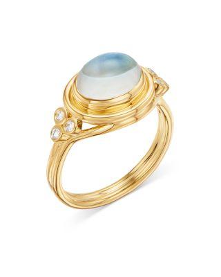 18K Yellow Gold Classic Blue Moonstone & Diamond Ring by TEMPLE ST. CLAIR