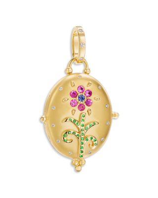 18K Yellow Gold FJ Multi Gemstone & Diamond Flower & Stem Oval Locket by TEMPLE ST. CLAIR