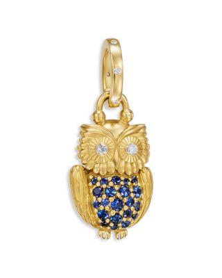 FJ Blue Sapphire & Diamond Gemmy Owl Locket in 18K Yellow Gold by TEMPLE ST. CLAIR