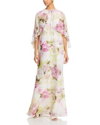 Chiffon Floral Ruffled Capelet Gown by TERI JON BY RICKIE FREEMAN