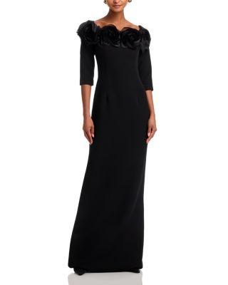 Crepe 3D Flower Off the Shoulder Three Quarter Length Sleeved Gown by TERI JON BY RICKIE FREEMAN