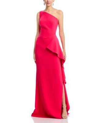 Crepe One Shoulder Side Drape Cascade Ruffle Gown by TERI JON BY RICKIE FREEMAN
