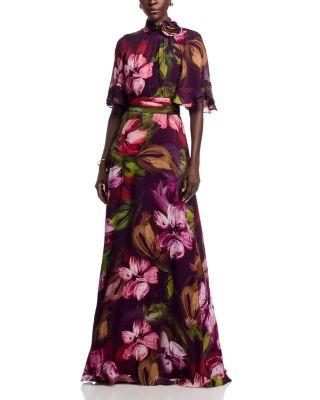Floral Flutter Sleeve Mock Neck Gown by TERI JON BY RICKIE FREEMAN
