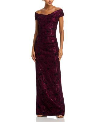 Floral Stretch Jacquard Off-the-Shoulder Ruched Gown by TERI JON BY RICKIE FREEMAN