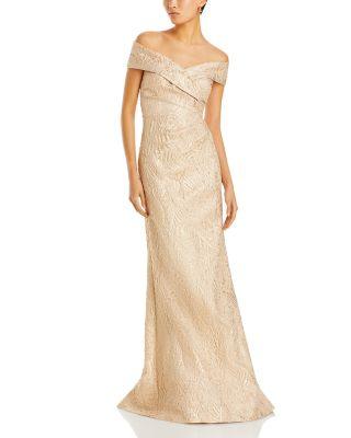 Metallic Jacquard Off-the-Shoulder Gown by TERI JON BY RICKIE FREEMAN