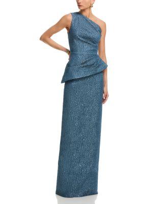 Metallic Jacquard One Shoulder Gown by TERI JON BY RICKIE FREEMAN