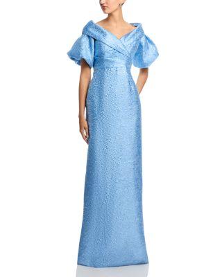 Metallic Jacquard Puff Sleeve Gown by TERI JON BY RICKIE FREEMAN