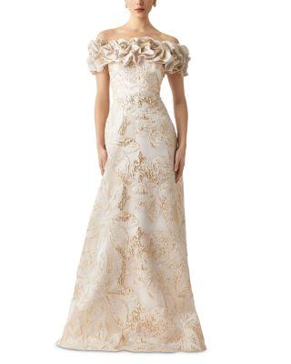 Metallic Jacquard Scrunch Bodice Gown by TERI JON BY RICKIE FREEMAN