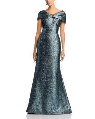 Metallic Jacquard Twist Bodice Off-the-Shoulder Gown by TERI JON BY RICKIE FREEMAN