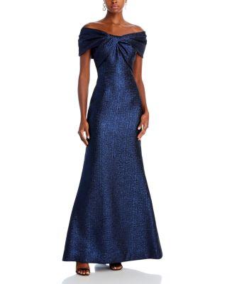 Metallic Jacquard Twist Bodice Off-the-Shoulder Gown by TERI JON BY RICKIE FREEMAN