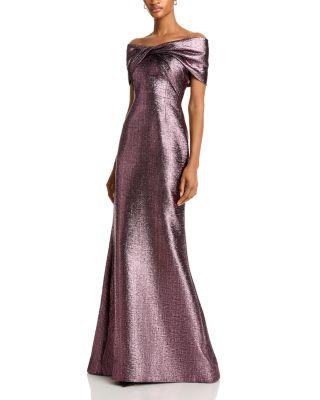 Metallic Jacquard Twist Bodice Off-the-Shoulder Gown by TERI JON BY RICKIE FREEMAN