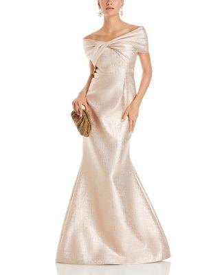 Metallic Jacquard Twist Bodice Off-the-Shoulder Gown by TERI JON BY RICKIE FREEMAN
