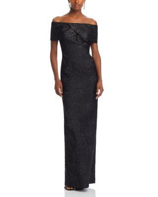 Metallic Off-the-Shoulder Jacquard Gown by TERI JON BY RICKIE FREEMAN