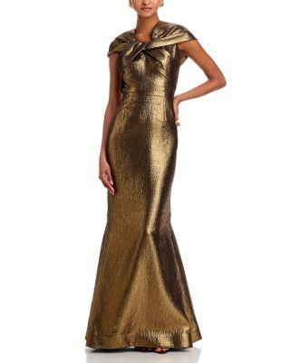 Off Shoulder Twist Metallic Jacquard Gown by TERI JON BY RICKIE FREEMAN