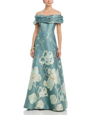 Off the Shoulder Jacquard Gown by TERI JON BY RICKIE FREEMAN