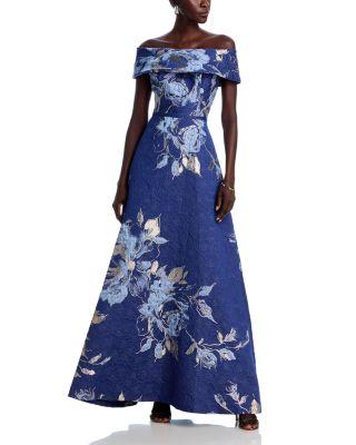 Off-the-Shoulder Metallic Floral Jacquard Gown by TERI JON BY RICKIE FREEMAN