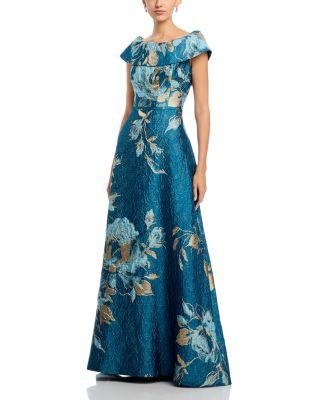Off-the-Shoulder Metallic Floral Jacquard Gown by TERI JON BY RICKIE FREEMAN
