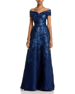 Off-the-Shoulder Metallic Jacquard Gown by TERI JON BY RICKIE FREEMAN
