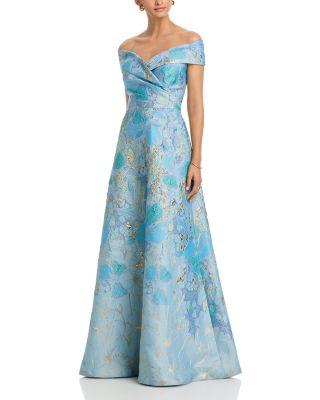Off-the-Shoulder Portrait Side Drape A Line Skirt Gown by TERI JON BY RICKIE FREEMAN