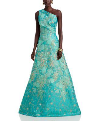 One Shoulder Metallic Jacquard Gown by TERI JON BY RICKIE FREEMAN