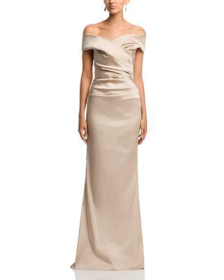Satin Stretch Off The Shoulder Gown by TERI JON BY RICKIE FREEMAN