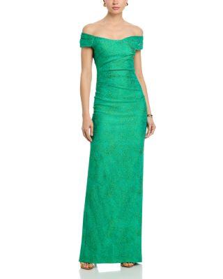 Shimmer Jacquard Off Shoulder Ruched Gown by TERI JON BY RICKIE FREEMAN