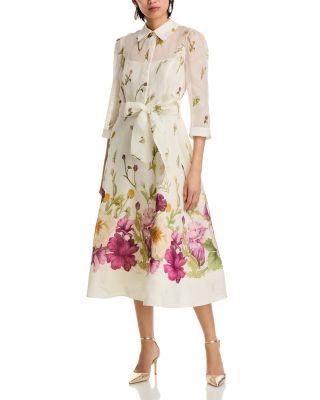 Silk And Linen Flower Border Print Shirt Waist Dress by TERI JON BY RICKIE FREEMAN