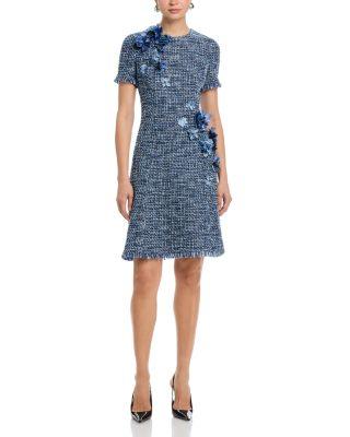Tweed Short Sleeve 3D Flower Trim Dress by TERI JON BY RICKIE FREEMAN