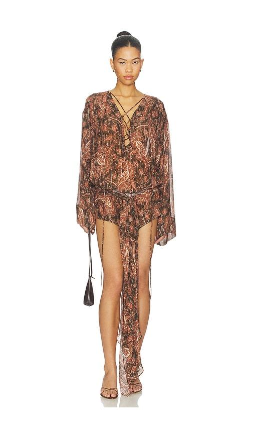 The Andamane Indira Lace Up Wrapped Mini Dress in Brown,Orange by THE ANDAMANE