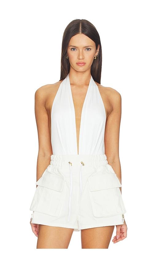 The Andamane Zendaya Deep Vneck Bodysuit in White by THE ANDAMANE
