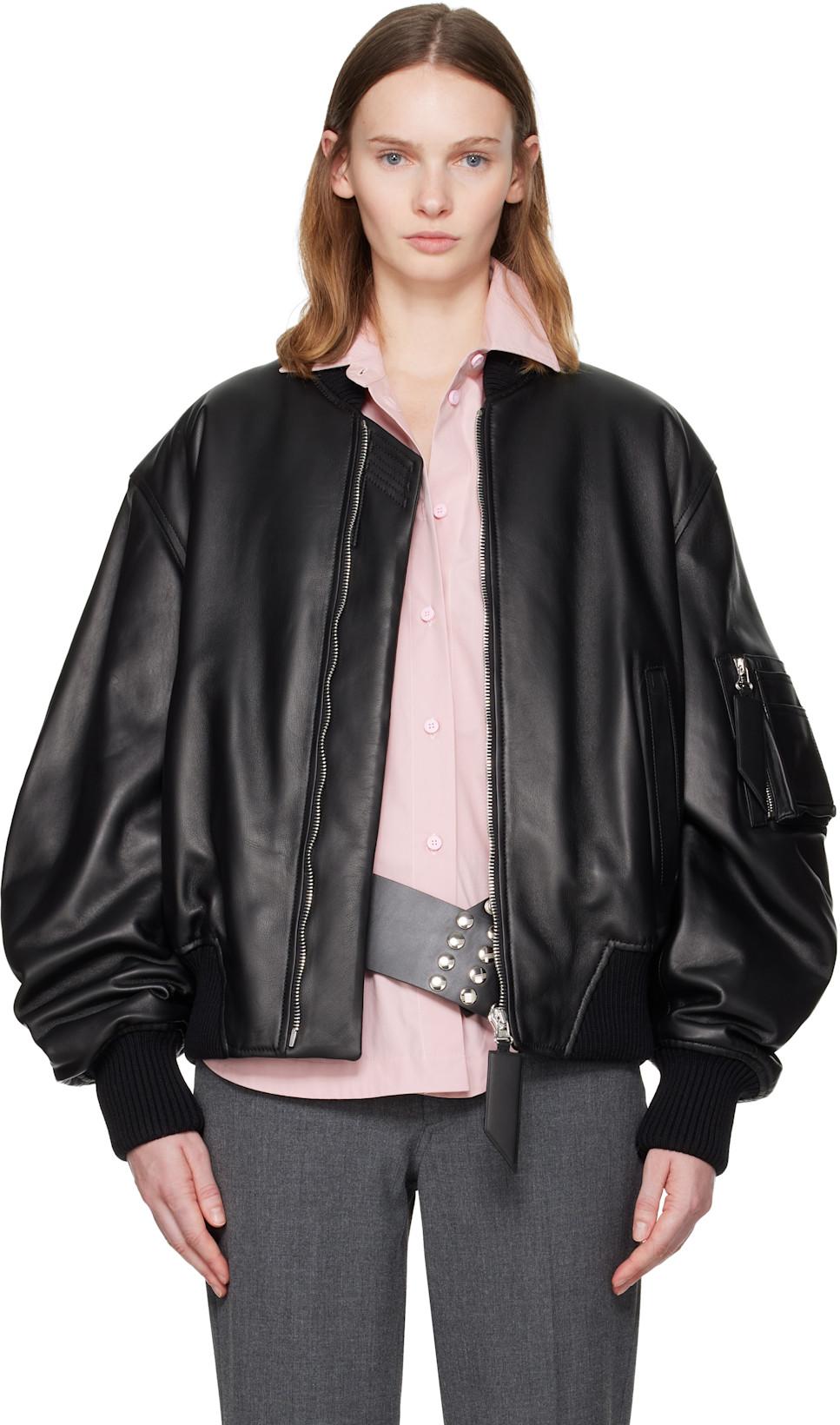 Black Anja Leather Bomber Jacket by THE ATTICO Black Anja Leather Bomber Jacket by THE ATTICO