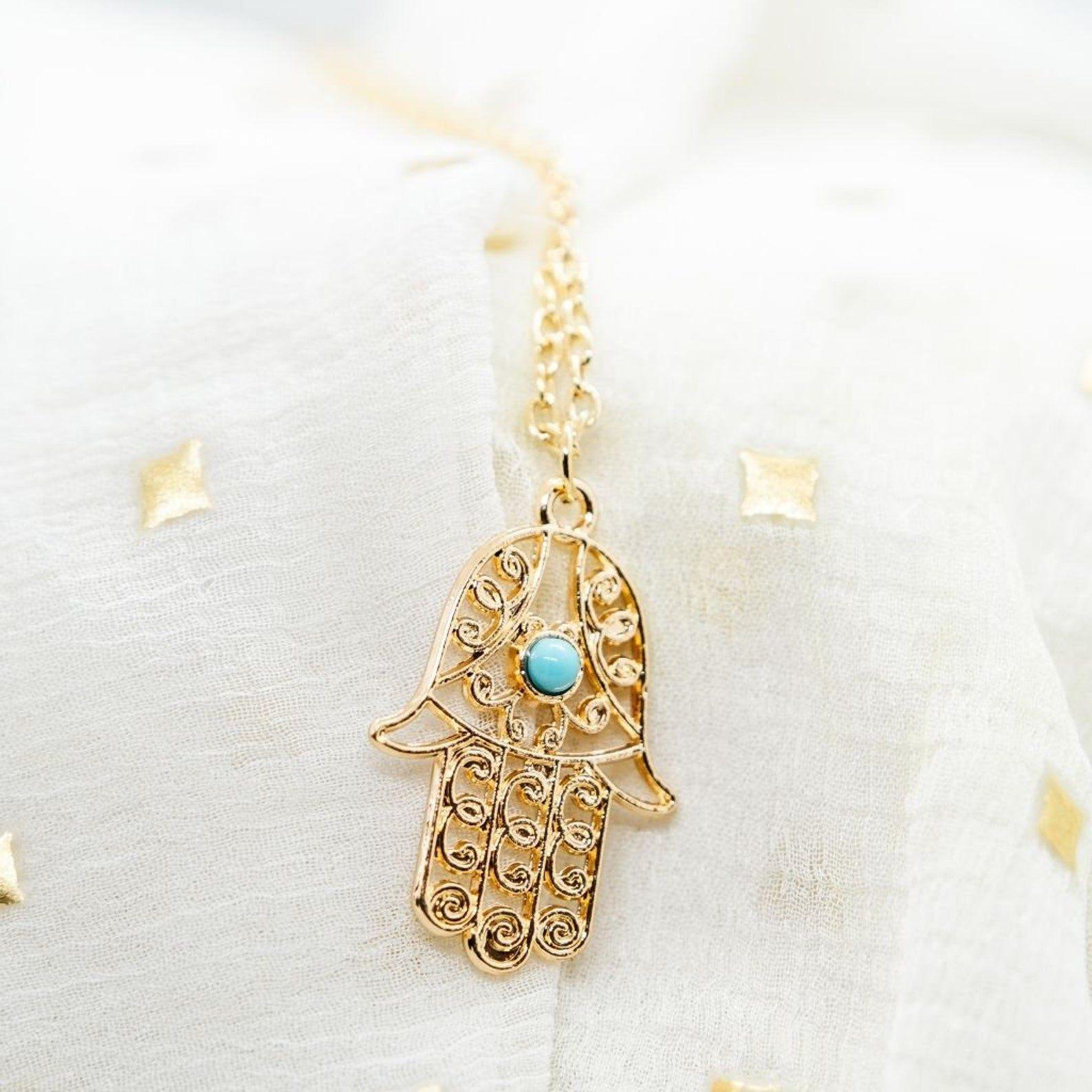 Hamsa Hand of Fatima Gold and Silver Protection Pendant Necklace by THE COLOURFUL AURA Hamsa Hand of Fatima Gold and Silver Protection Pendant Necklace by THE COLOURFUL AURA