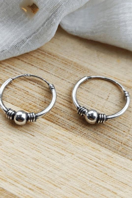 Pure Silver Oxidised Ball Bali Hoop Earring by THE COLOURFUL AURA